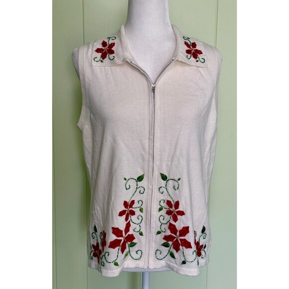 Mercer Studio Street Sweaters - Mercer Studio Street Women's Ugly Christmas Sweater Vest Beaded Red Poinsettia L
